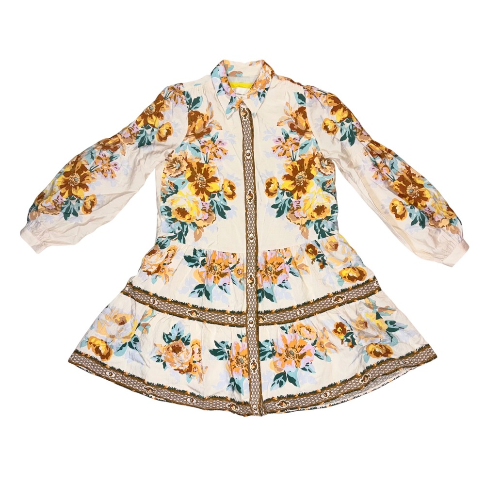 Anthropologie Floral Button Front Tiered Mini Dress Yellow Cream XXS cottagecore